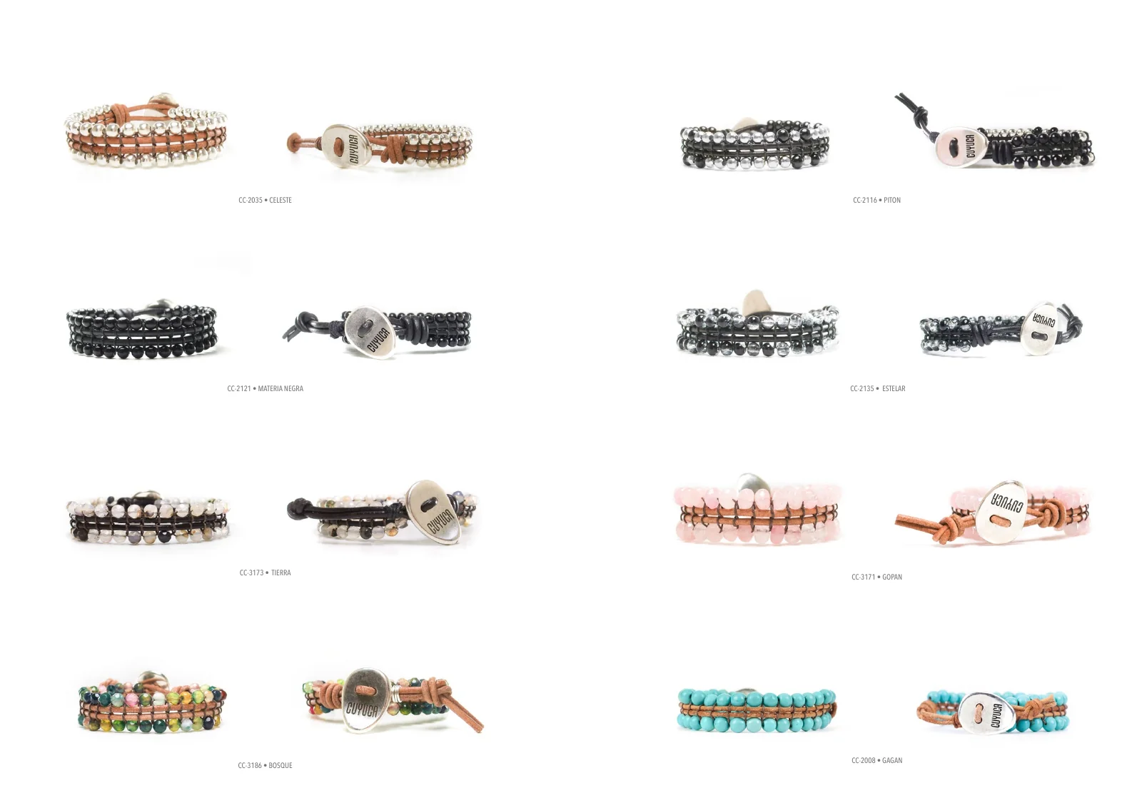 Cuyuca 2014 catalogue product grid showing bracelets in paired views with collection names and references.