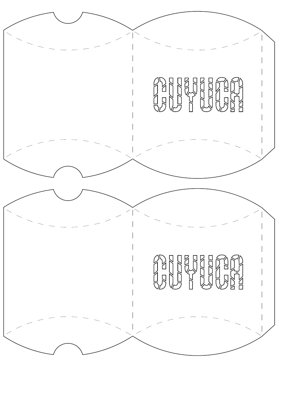Original Cuyuca pillow-box dieline showing curved closures, fold lines and the stencil-cut wordmark.