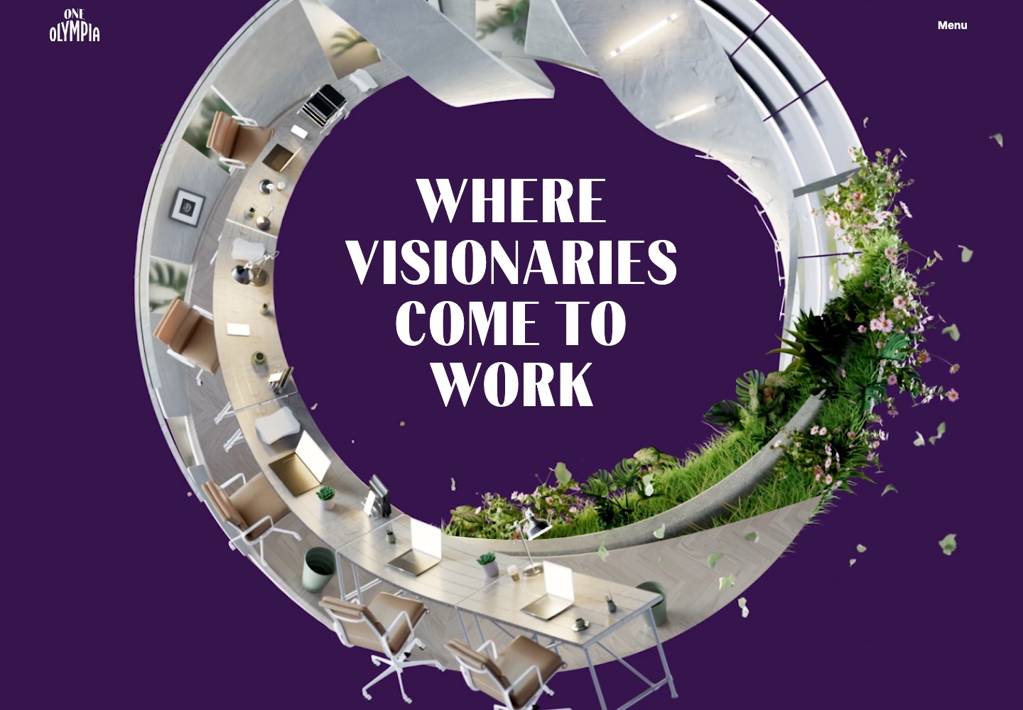 One Olympia homepage: white display lettering centred inside a circular architectural animation on purple