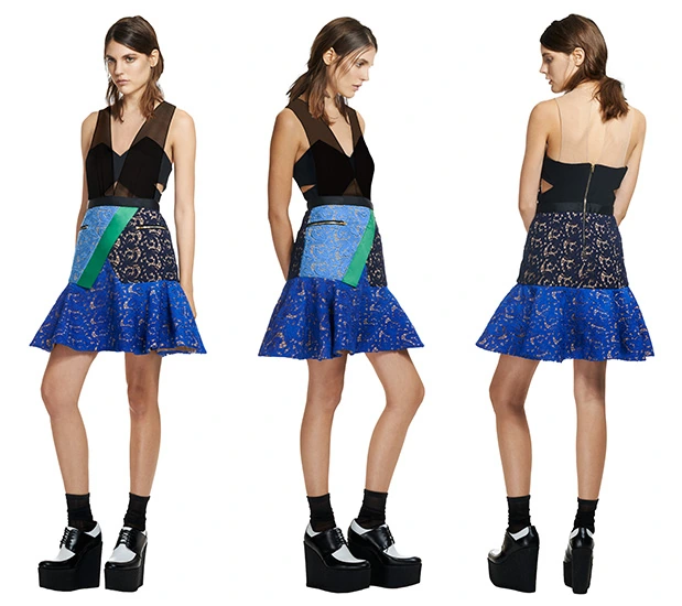 Three original views of a blue and green dress on a white background.