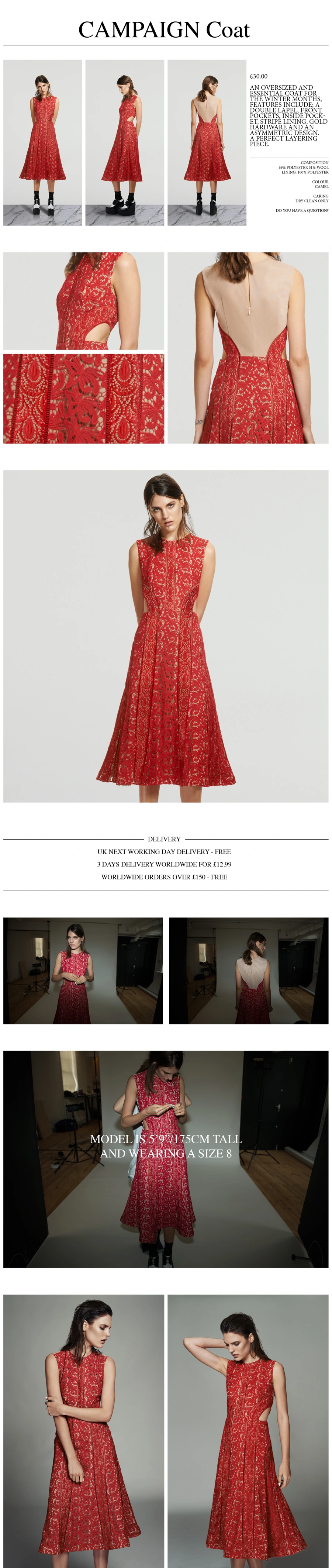Full archived product-page design study showing product photography, close details, backstage and editorial images.