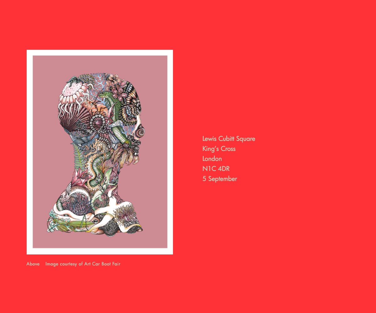 Art Car Boot Fair feature on The Wick: an intricate portrait artwork against a vivid red page.