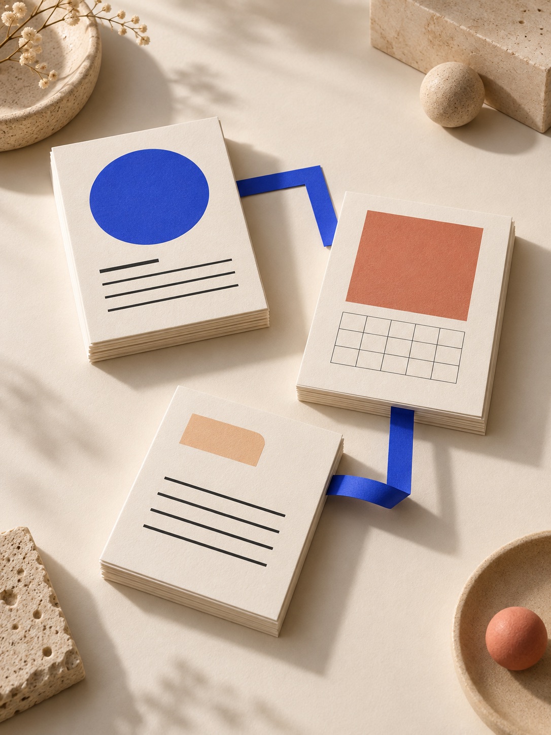 A conceptual paper model of three different page types connected by blue ribbons.
